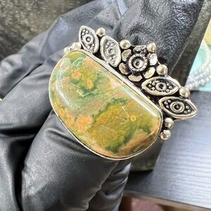 Genuine Unakite Stone/sterling silver Plated Ring Sz 7.5 No returns As Is